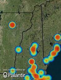 Image depicting State of New Hampshire and Human Trafficking Hot Spots. The Southern Border of NH and Maine Coast have red hot spots as well as up 93 in NH.