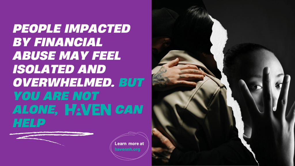 Image depicting people hugging and a woman with a hand in front of her face. Alt text: "People impacted by financial abuse may feel isolated and overwhelmed. But you are not alone, HAVEN can help"