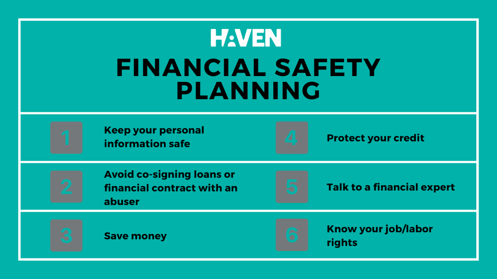 Image depicting a chart labelled "Financial Safety Planning". The list is as follows: "1. Keep your personal information safe. 2. Avoid co-signing loans or financial contract with abuser. 3. Save money. 4. Protect your credit. 5. Talk to a financial expert. 6. Know your job/labor rights."