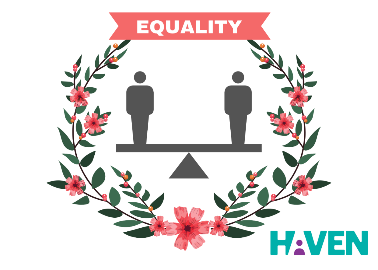 Image of a scale with two people seen as equal weight. It's labelled "equality"