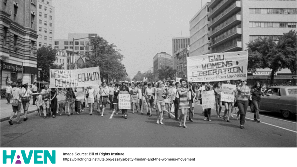 Image depicting black and white protest with signs that read "Women's Rights". Image is adapted from the Bill of rights institute.